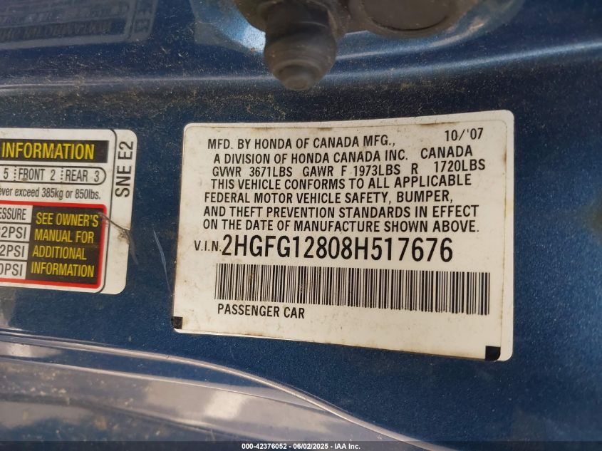 2008 Honda Civic Ex VIN: 02HGFG12808H51767 Lot: 42376052