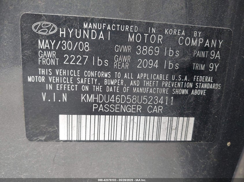 2008 HYUNDAI ELANTRA VIN: KMHDU46D58U523411