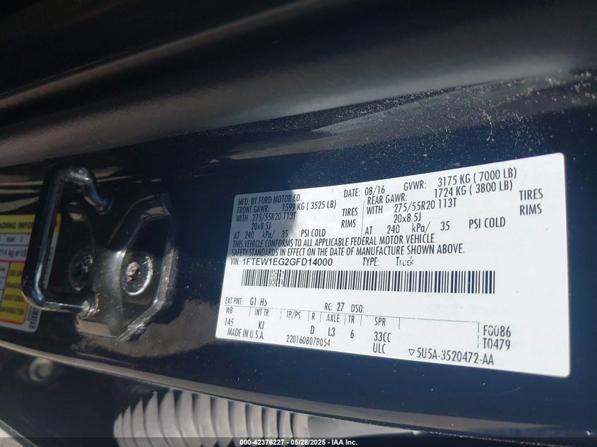 2016 FORD F-150 VIN: 1FTEW1EG2GFD14000