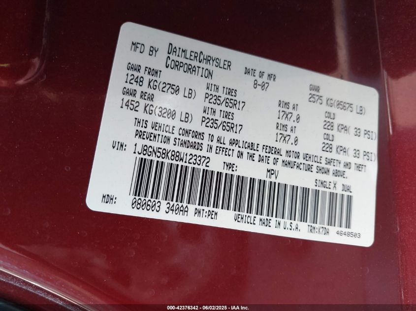 2008 Jeep Liberty Limited Edition VIN: 1J8GN58K88W123372 Lot: 42376342