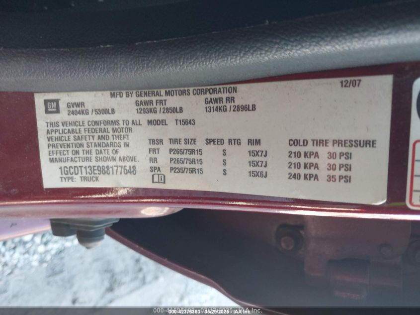 2008 Chevrolet Colorado VIN: 1GCDT13E988177649 Lot: 42376363