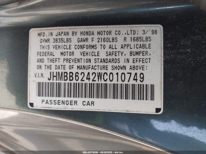 1998 Honda Prelude VIN: JHMBB6242WC010749 Lot: 42376380