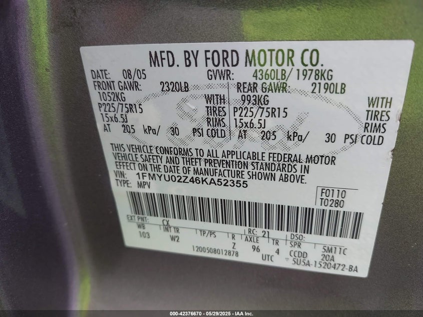 2006 FORD ESCAPE VIN: 1FMYU02Z46KA52355