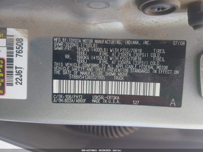 2008 TOYOTA TUNDRA VIN: 5TBBV54138S521905