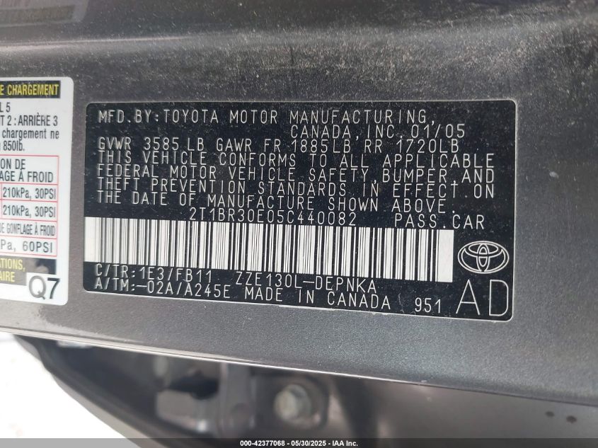 2005 Toyota Corolla Le VIN: 2T1BR30E05C440082 Lot: 42377068