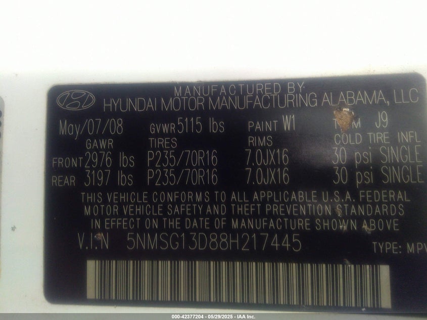 2008 HYUNDAI SANTA FE VIN: 5NMSG13D88H217445