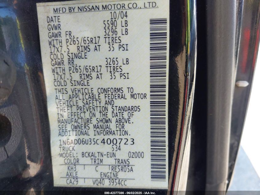 2005 Nissan Frontier Le VIN: 1N6AD06U35C400723 Lot: 42377386