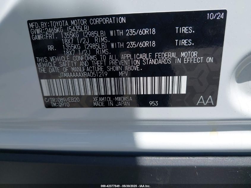 2024 Toyota Bz4X Xle VIN: JTMAAAAAXRA051219 Lot: 42377549