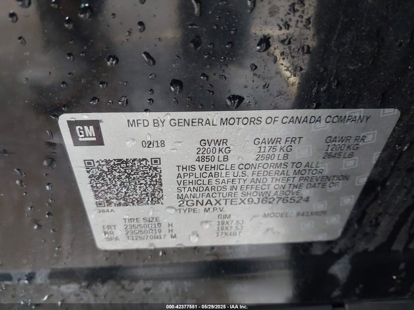 VIN 2GNAXTEX9J6276524 2018 CHEVROLET EQUINOX LT