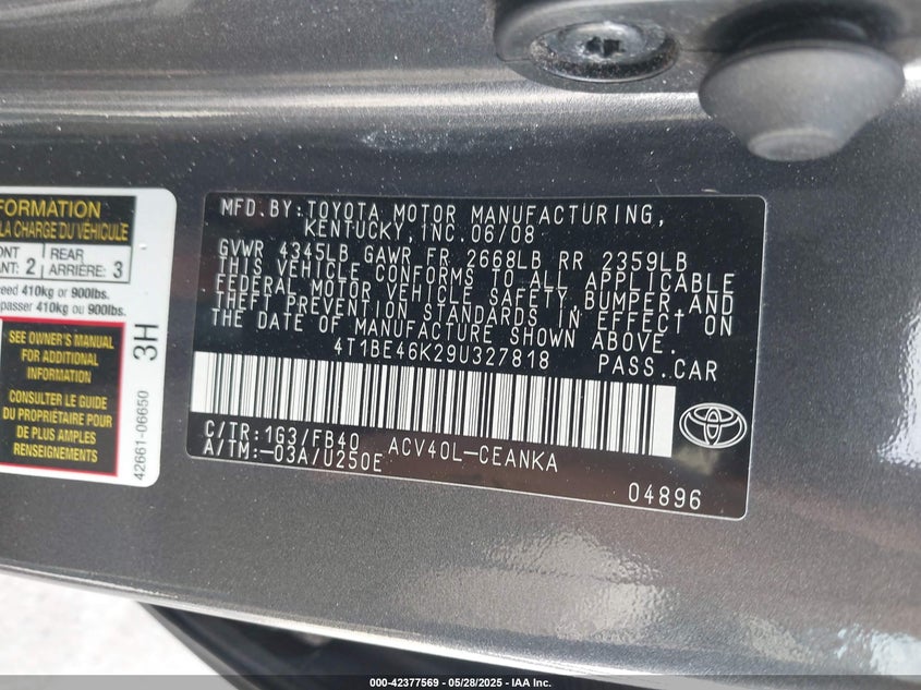 2009 TOYOTA CAMRY VIN: 4T1BE46K29U327818