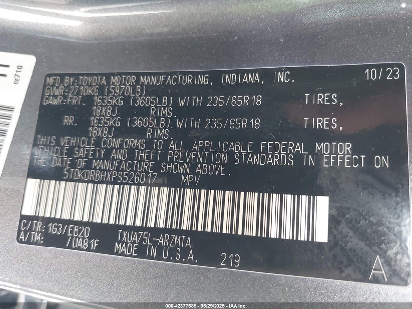 VIN 5TDKDRBHXPS526017 2023 TOYOTA HIGHLANDER XLE