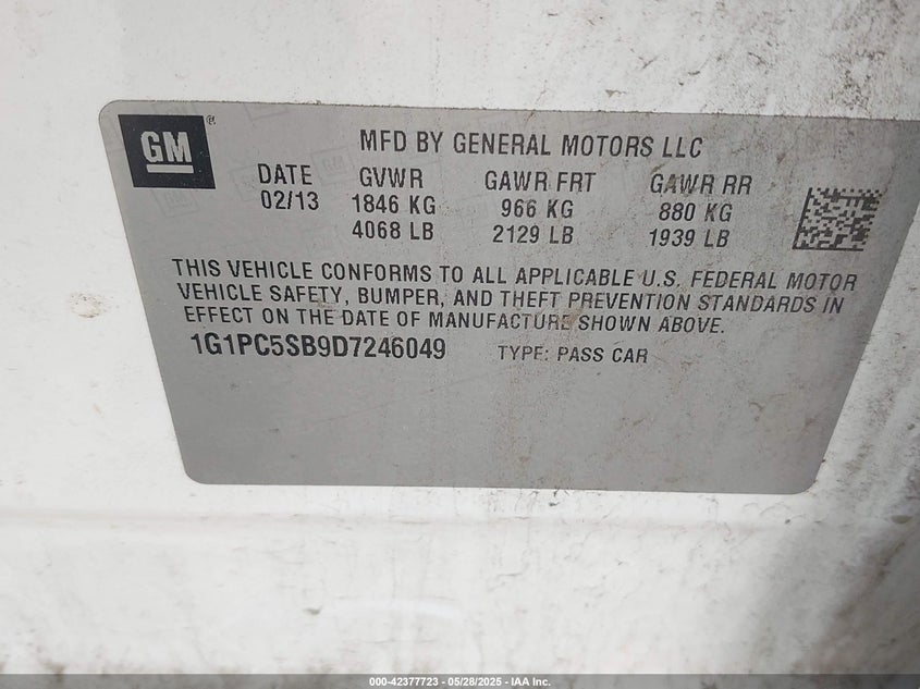 2013 CHEVROLET CRUZE VIN: 1G1PC5SB9D7246049