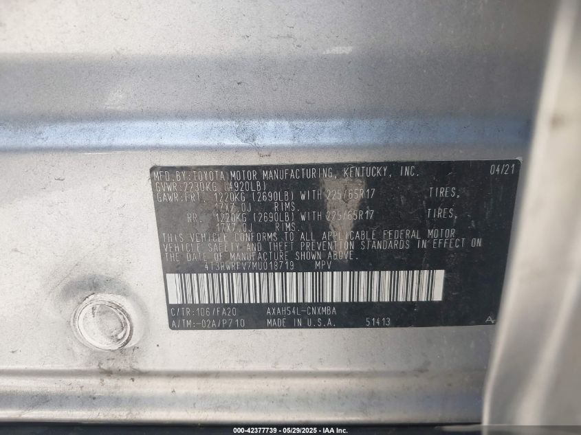 2021 Toyota Rav4 Hybrid Xle VIN: 4T3RWRFV7MU018719 Lot: 42377739