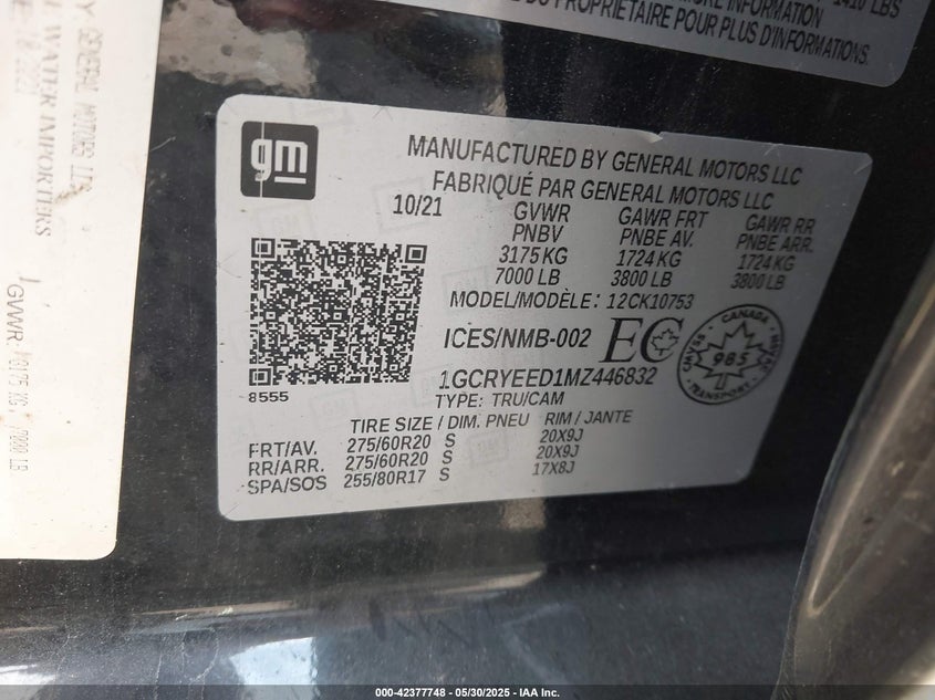 2021 CHEVROLET SILVERADO 1500 4WD DOUBLE CAB STANDARD BED RST - 1GCRYEED1MZ446832