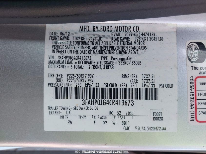 2012 Ford Fusion Sel VIN: 3FAHP0JG4CR413673 Lot: 42377872
