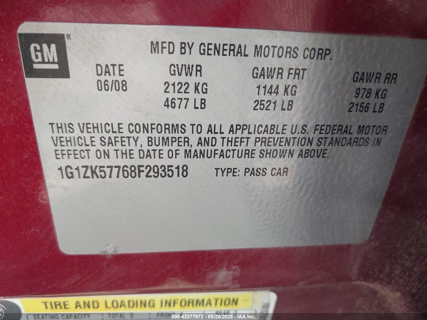 2008 CHEVROLET MALIBU VIN: 1G1ZK57768F293518