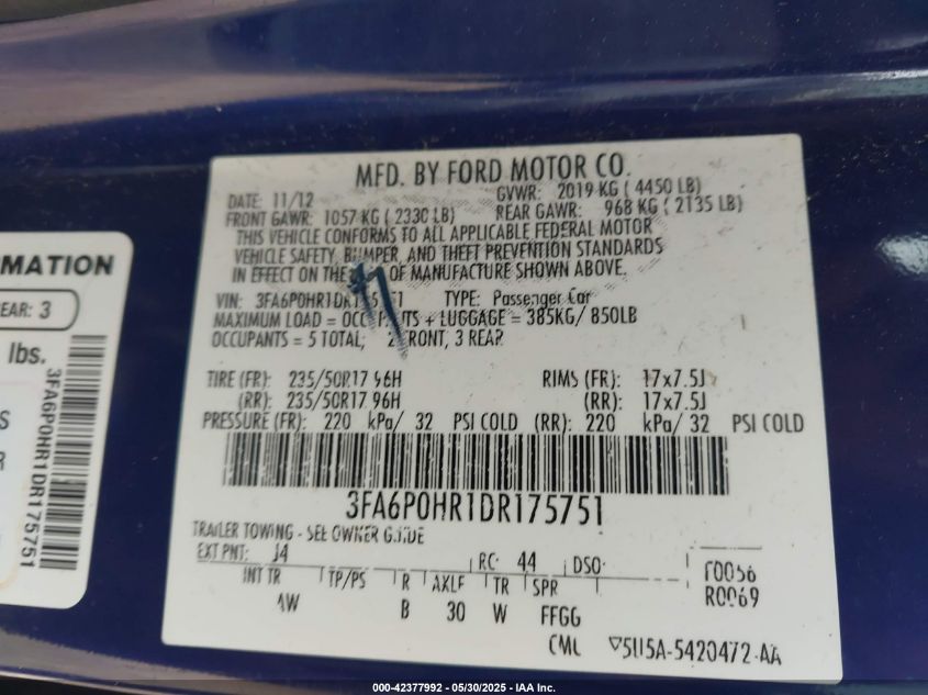 2013 Ford Fusion Se VIN: 3FA6P0HR1DR175751 Lot: 42377992
