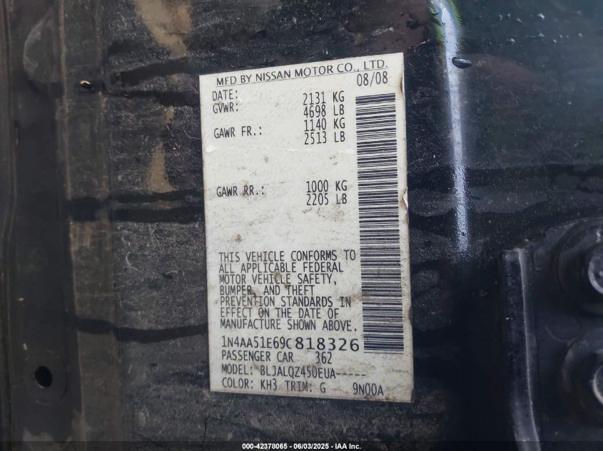 2009 Nissan Maxima 3.5 S VIN: 1N4AA51E69C818326 Lot: 42378065