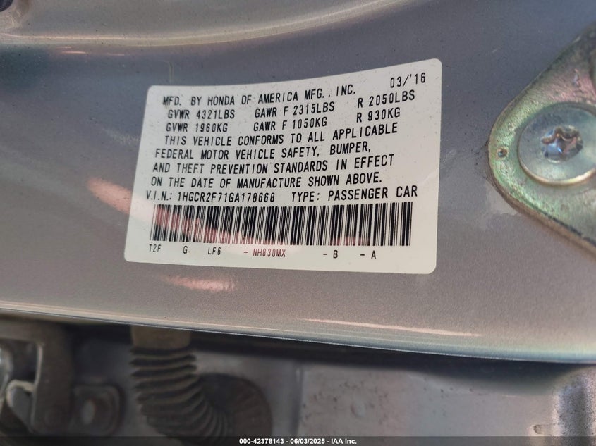 2016 HONDA ACCORD VIN: 1HGCR2F71GA178668