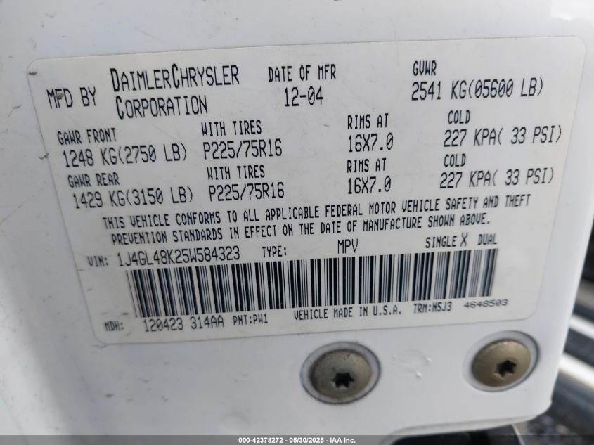 2005 Jeep Liberty Sport VIN: 1J4GL48K25W584323 Lot: 42378272