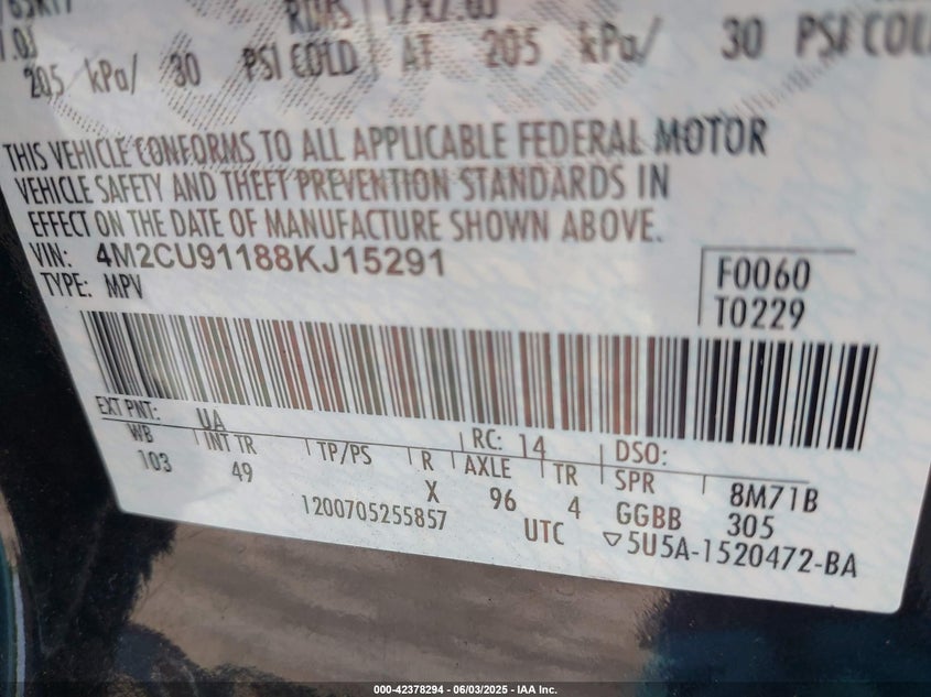 2008 MERCURY MARINER VIN: 4M2CU91188KJ15291