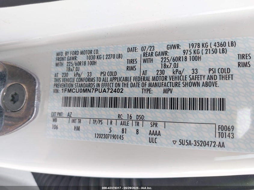 2023 FORD ESCAPE 1.5L I3 FI DOHC 12V (VIN: 1FMCU0MN7PUA72402