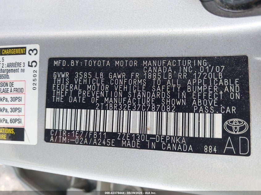 2007 Toyota Corolla Le VIN: 2T1BR32E37C787082 Lot: 42378444