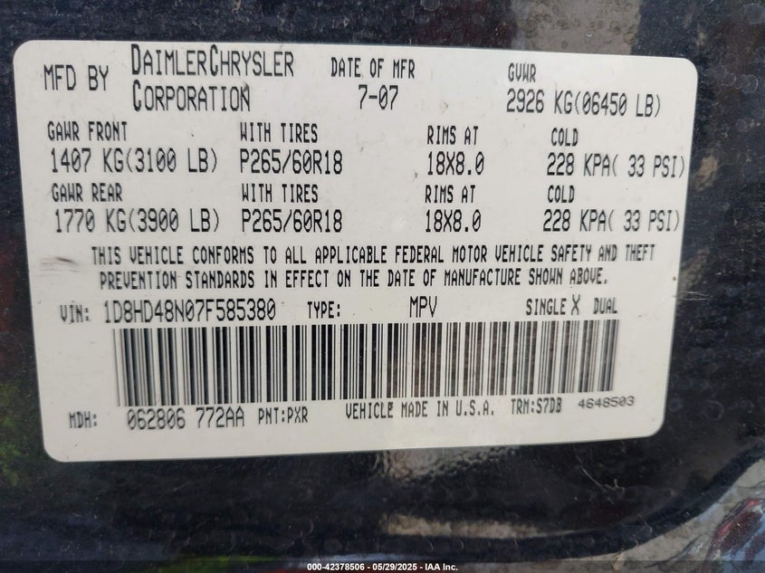 2007 DODGE DURANGO VIN: 1D8HD48N07F585380