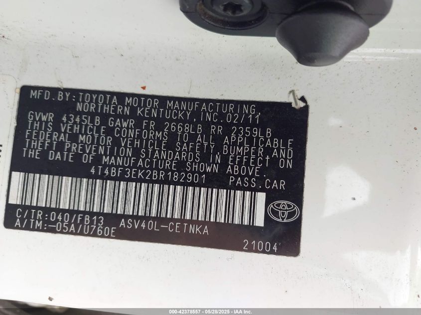 2011 Toyota Camry Le VIN: 4T4BF3EK2BR182901 Lot: 42378557