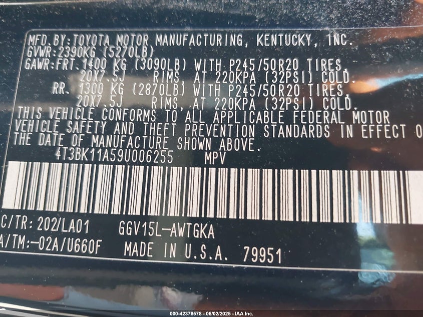 2009 TOYOTA VENZA VIN: 4T3BK11A59U006255