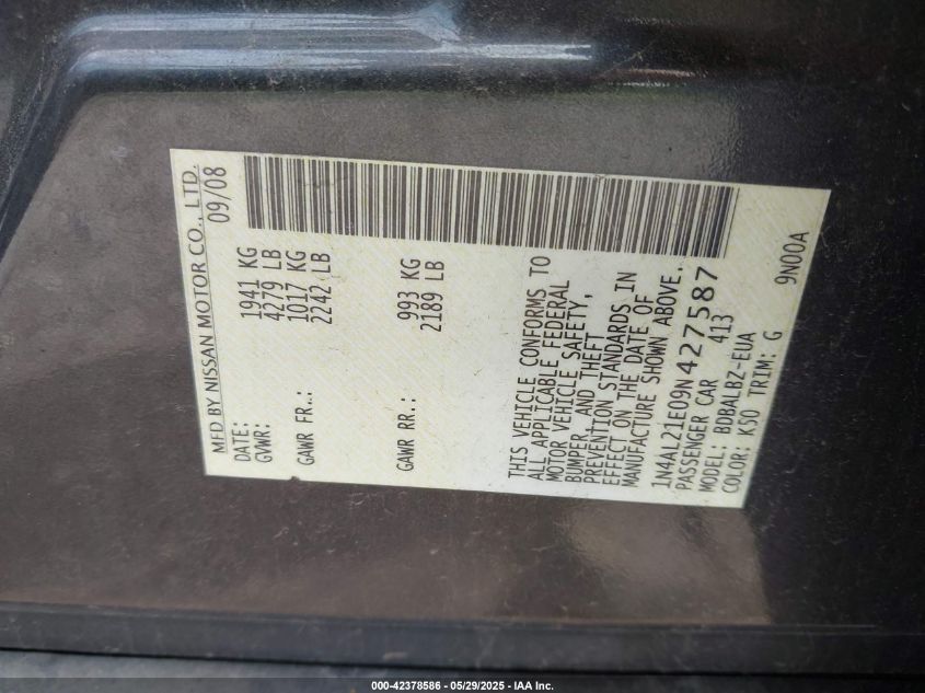 2009 Nissan Altima 2.5/2.5S VIN: 1N4AL21E09N427587 Lot: 42378586
