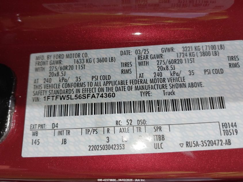 2025 Ford F-150 - 1FTFW5L56SFA74360