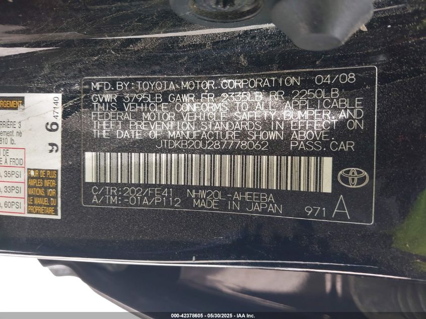 2008 Toyota Prius VIN: 0JTDKB20U28778062 Lot: 42378605