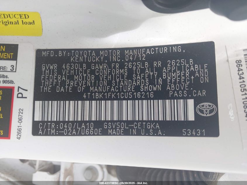 2012 Toyota Camry Xle V6 VIN: 4T1BK1FK1CU516216 Lot: 42378694