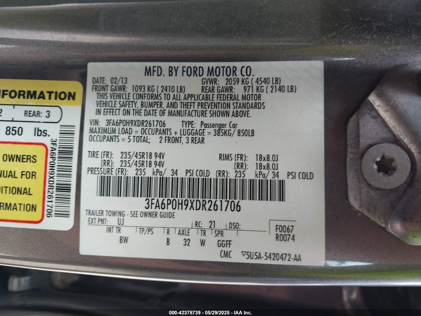 2013 FORD FUSION VIN: 3FA6P0H9XDR261706