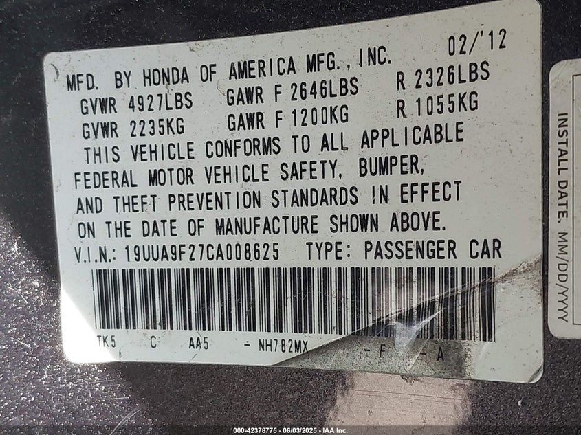 2012 ACURA TL VIN: 19UUA9F27CA008625