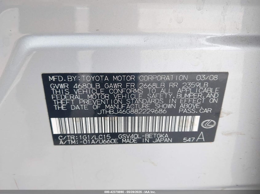 2008 LEXUS ES 350 VIN: JTHBJ46G882229686