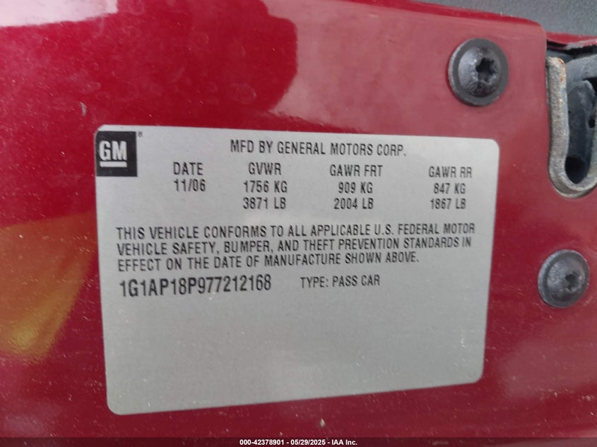 2007 CHEVROLET COBALT VIN: 1G1AP18P977212168