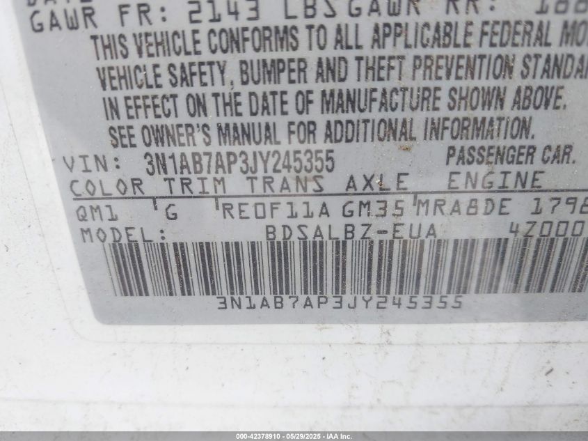 2018 Nissan Sentra S VIN: 3N1AB7AP3JY245355 Lot: 42378910