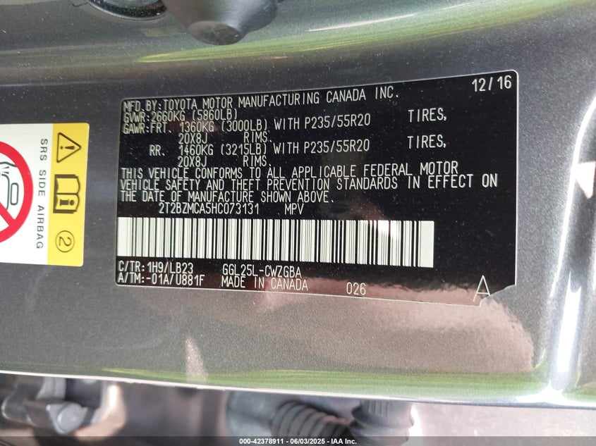 VIN 2T2BZMCA5HC073131 2017 LEXUS RX 350/BASE/F SPORT