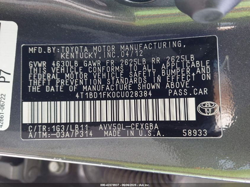 2012 Toyota Camry Hybrid Xle VIN: 4T1BD1FK0CU028384 Lot: 42378937