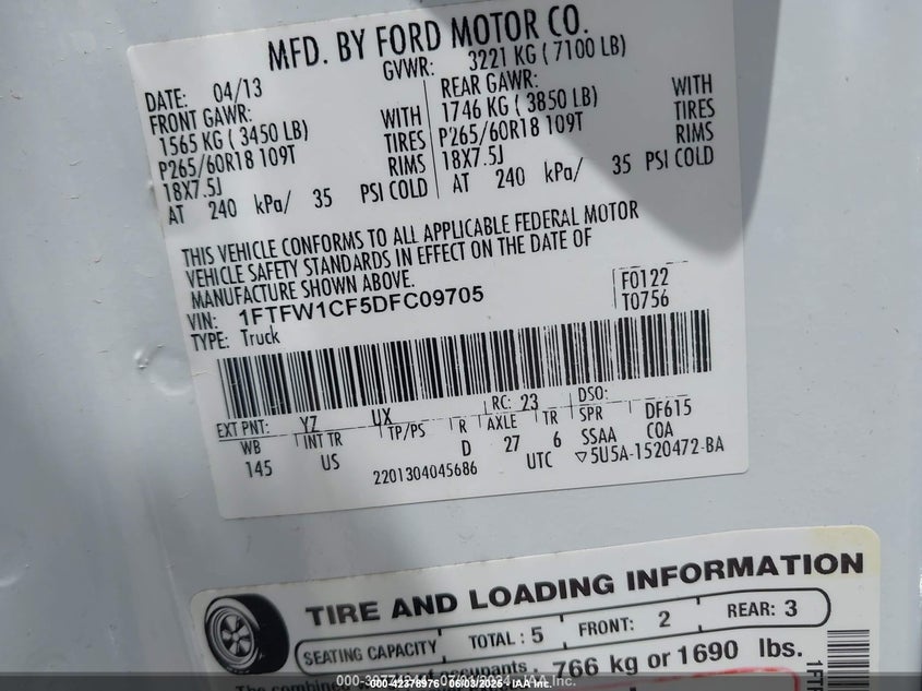 2013 Ford F-150 Xlt VIN: 1FTFW1CF5DFC09705 Lot: 42378976