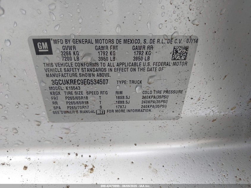 2014 CHEVROLET SILVERADO VIN: 3GCUKREC9EG534507