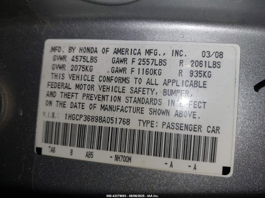 2008 HONDA ACCORD VIN: 1HGCP36898A051768