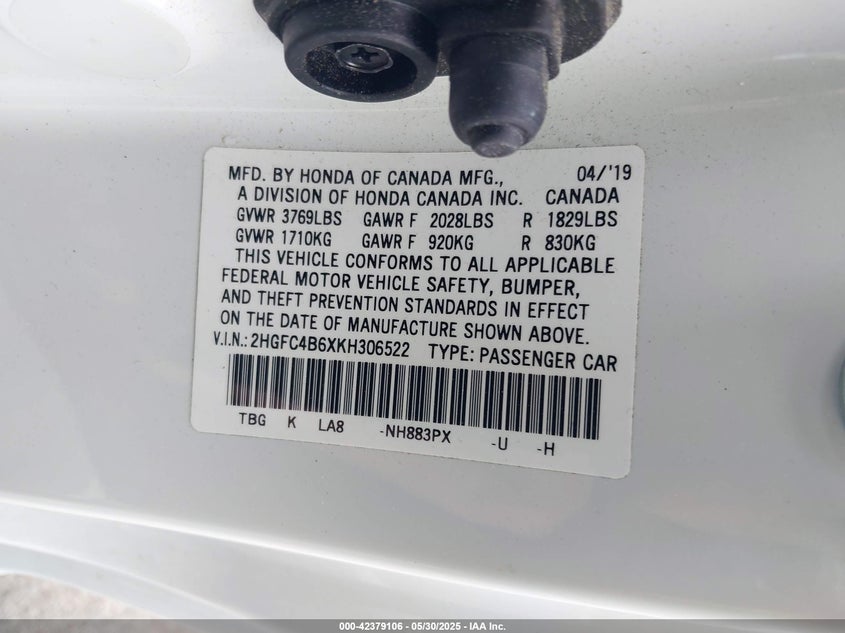 VIN 2HGFC4B6XKH306522 2019 HONDA CIVIC LX