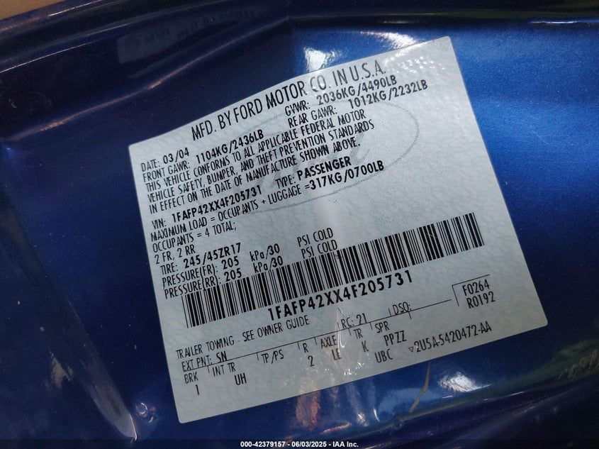 2004 Ford Mustang Gt VIN: 1FAFP42XX4F205731 Lot: 42379157