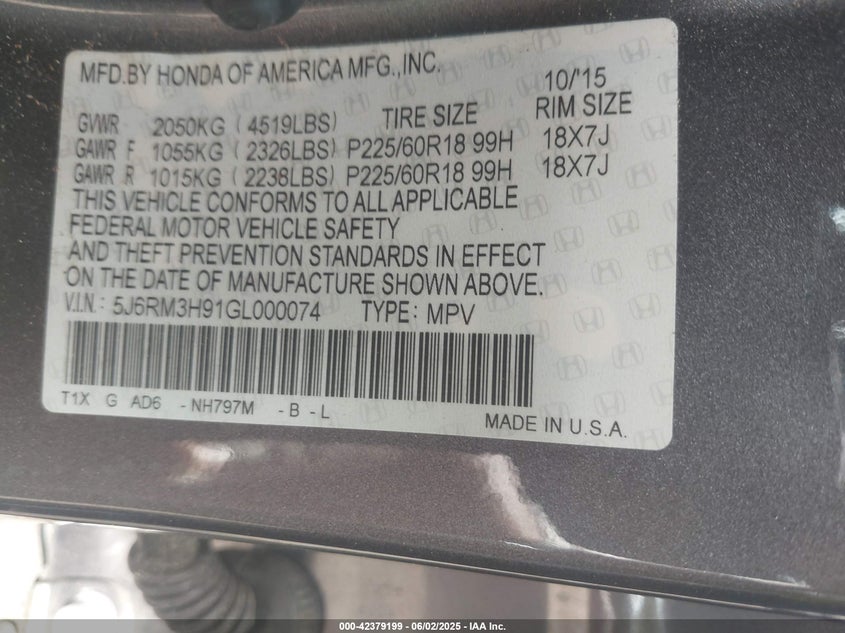 2016 HONDA CR-V TOURING - 5J6RM3H91GL000074