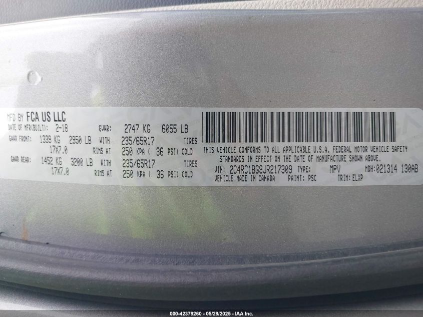 2018 Chrysler Pacifica Touring L VIN: 2C4RC1BG9JR217309 Lot: 42379260