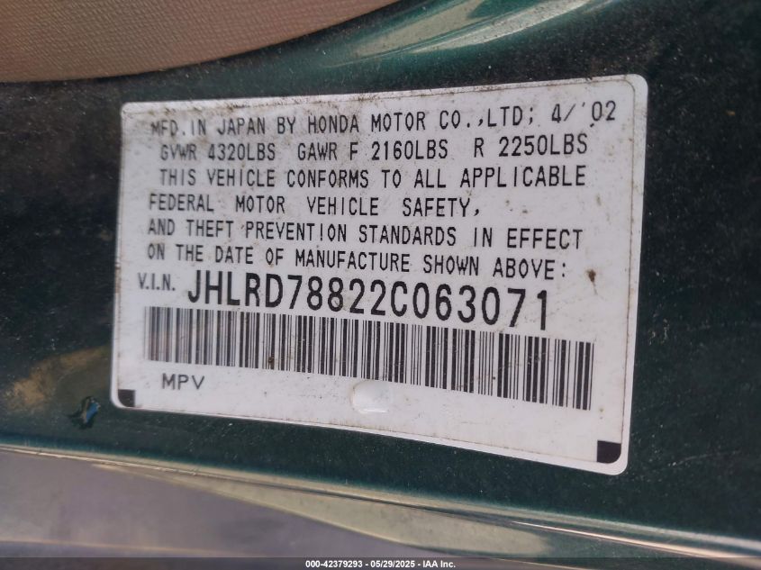 2002 Honda Cr-V Ex VIN: JHLRD78822C063071 Lot: 42379293