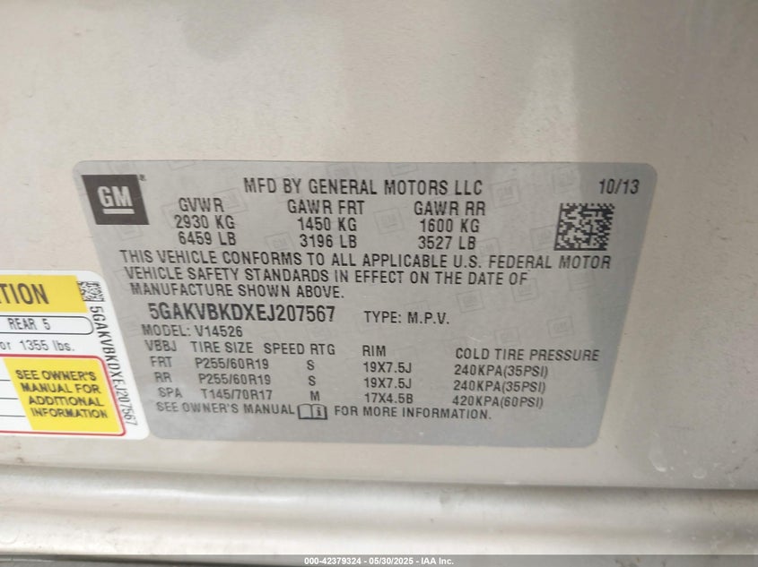 2014 BUICK ENCLAVE VIN: 5GAKVBKDXEJ207567